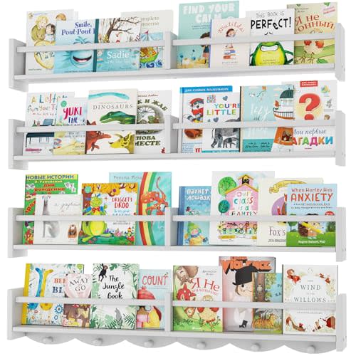 34Inch Nursery Bookshelves,Set of 4,Wall Floating Shelf Kids Coat Rack with 6Hooks,Hanging Book Shelf for Baby Nursery Room Décor ，Patent Number: 29958098(White, 34)