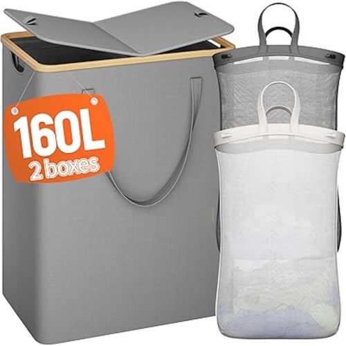 Raybee 160L Double Laundry Hamper with Lid, Bamboo Frame,Removable Bag,Grey