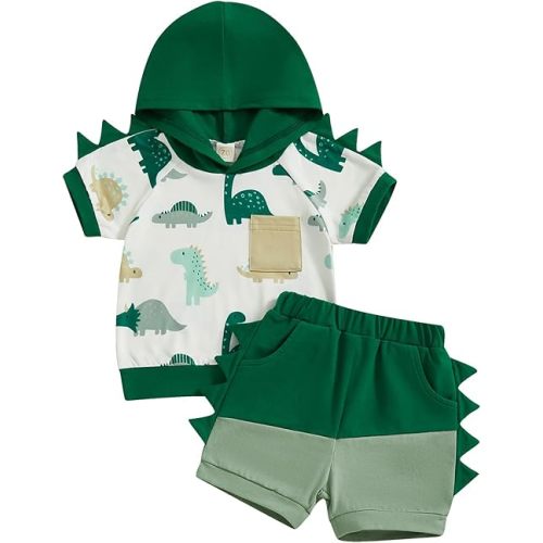 Toddler Baby Boy Hooded Dinosaur Summer Outfit Funny T-Shirt Shorts Set Infant Dinosaur Clothes 6 12 18 Months 2T