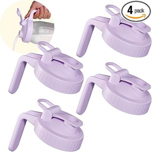 4 Pack Wide Mouth Mason Jar Lids with Leak-Proof Seal, Mason Jar Pour Spout Lid with Flip Cap and Handle, Plastic Canning Lids for Milk, Salad, Dressing, Drinking Storage Bottle, Purple