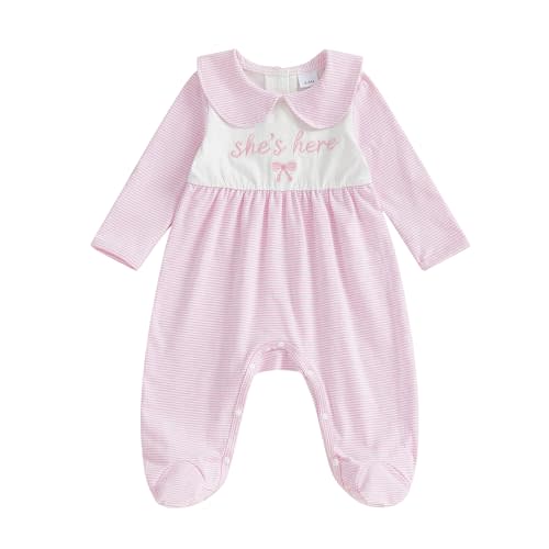 Gaono Newborn Baby Girl Romper Waffle Knit Striped Long Sleeve Doll Collar Heart Bow Jumpsuit Bodysuit Fall Winter Clothes