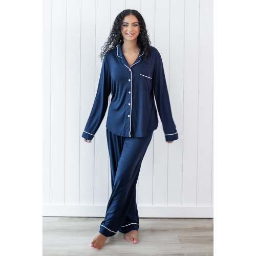 Long-Sleeved Women's Pajama Set in Navy with Cloud Trim