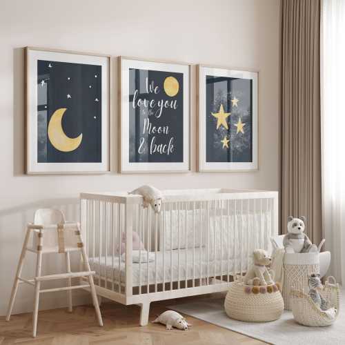 Moon and Stars Nursery Print Set: Navy & Yellow Celestial Wall Art