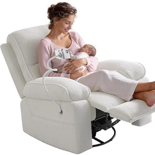 Teddy Fleece Swivel Rocker Recliner Nursery Rocking Chairs with Phone Holder Manual Gilder Recliner Chair with Wide Foot Rest for Living Room and Baby Room