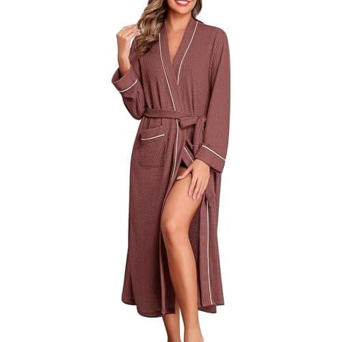 Ekouaer Robes for Women Lightweight Knit Waffle Bathrobe Full Length Kimono Casual Ladies Loungewear