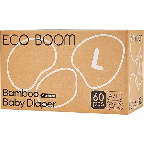ECO BOOM Diapers, Viscose from Bamboo Diapers, Natural Soft Disposable Nappies for Infant, Size 4 Suitable for 20 to 31lb (Large - 60 Count)