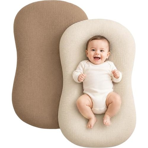 Muslin Baby Lounger Cover 2 Pack, Cotton Soft Breathable Infant Nest Slipcovers, Envelope Closure, Compatible with Snuggle Me Loungers, Machine Washable, Cover Only, for Boys Girls(Brown & Beige)