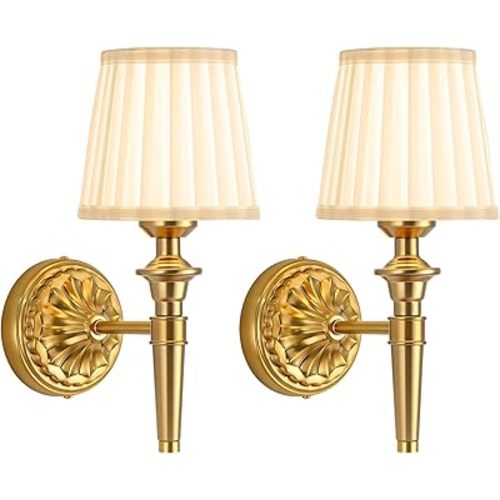 Gold Rechargeable Wall Sconces Set of 2, Dimmable LED, Vintage Fabric Shade