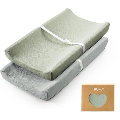 Muslin Changing Pad Cover for Baby Girls Boys, Soft and Breathable Cotton Diaper Changing Table Cover, 2 Pack(Grey&Saga)