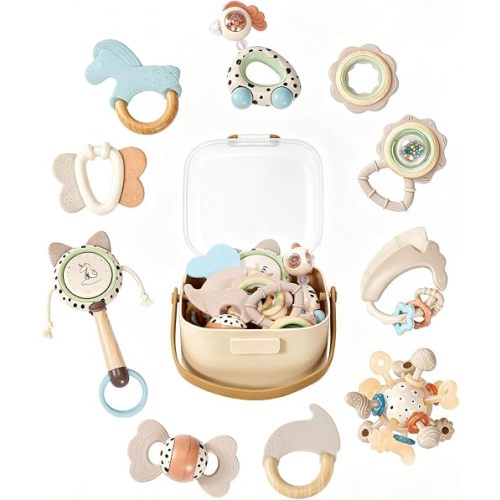 Baby Teething Toys 0-6 Months, 10-Piece Rattles & Teethers Set, Infant Sensory Toys, BPA-Free Baby Teethers with Easy-Grip Shapes, Gentle Sounds & Storage Box, Gender-Neutral Newborn Gift