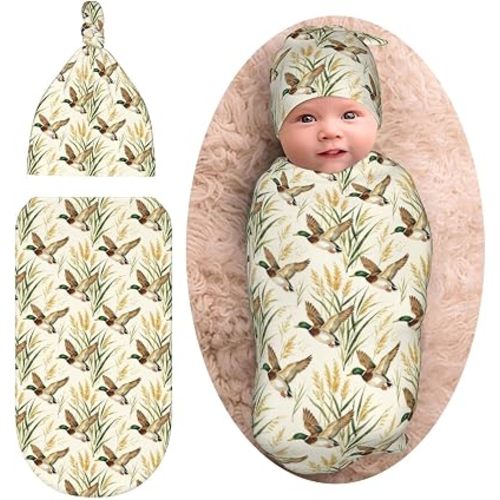 Mallard Ducks Flying Newborn Baby Swaddle Blanket Baby Stuff,with Beanie hat Sets, Soft Gifts for Unisex Boys Girls Shower Infant