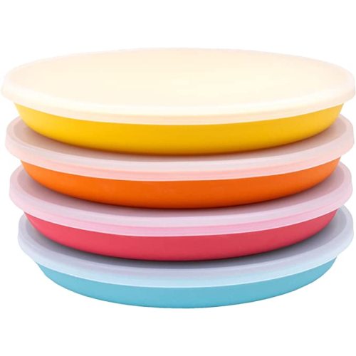 WeeSprout Bamboo Plates with Silicone Lids, Set of 4, Kid-Sized Dinnerware, Cereal, Leftovers & Snacks, Dishwasher Safe Melamine Dishware (Blue, Yellow, Orange, and Red)
