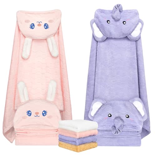 6 PCS Toddler Towels Set for Boy Girl 0-5 Year, 2 PCS Absorbent Hooded Baby Bath Towels Large 55" x 27.5" & 4 PCS Washcloths, Ultra Soft Toddler Newborn Bath Essentials Gifts, Rabbit & Elephant