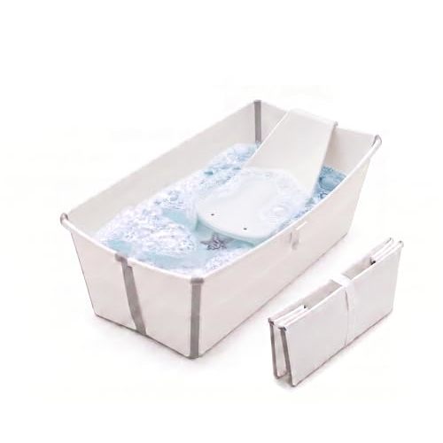 Stokke Flexi Bath Portable Baby Bathtub Bundle with Heat-Sensitive Plug and Newborn Baby Bath Support, White Grey