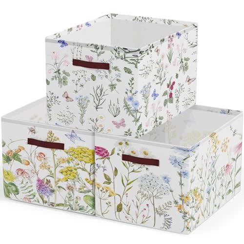 Boao 3 Pack Floral Storage Basket with Handles Herbs Flowers Collapsible Large Canvas Storage Bin Laundry Basket Foldable Storage Box Bins Organizer for Bedroom Home Office Clothes Closets Toy Gift