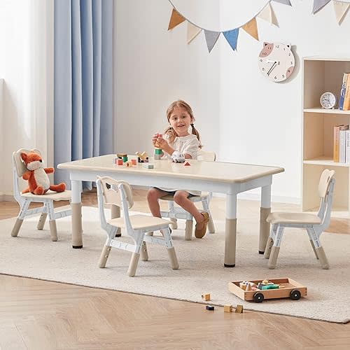 DOREROOM Toddler Table and Chairs Set for 4, 47.2''L x 23.6''W Kids Study Table and Chair Set, Height-Adjustable, Graffiti Desktop, Children Activity Table for Daycare, Classroom, Home
