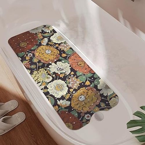 Non Slip Bathtub Mat, Bohemian Flower Bath Mat for Tub, Extra Long Bathtub Mat Shower Mat with Suction Cups and Drain Holes for Elderly Kids Toddler Baby 40 X 16 Inch