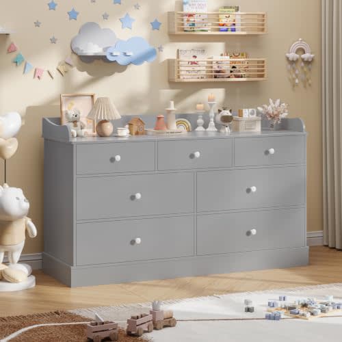 Vabches Kids Dresser Cabinet with 7 Drawers and Large Table Top, Multi-Functional Chest of Drawers, Baby Dresser, Kids Bedroom Furniture, Nightstand for Child’s Room, Gray