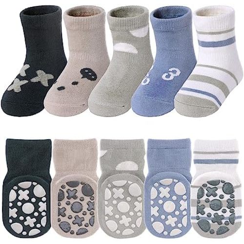 TRUEHAN 5 Pairs Toddler Non Slip Socks with Grips Baby Socks for Kids Girls Boys