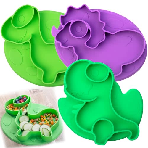 Toddler Silicone Non-Slip Divided Plates- 3 Difft Dino Designs (T-Rex Tricera Bronto)- Large Compartments for Easy Food Training-Unbreakable Dishwasher Microwave Safe-For Baby Kids Food Grade BPA Free