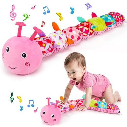 Baby Tummy Time Toy 0-6 Month Musical Stuffed Animal Plush Caterpillar Toy for Infant 6-12 Month Teething Sensory Toy with Crinkle Rattle for Babies 0-3-6 Month Newborn Toys for Boy Girl Birthday Gift