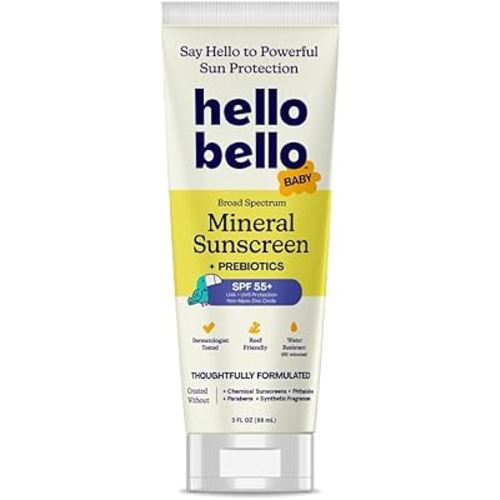 Hello Bello Mineral SPF 55 Sunscreen Lotion with Prebiotics, Water Resistant and Reef Friendly Sun Protection for Babies and Kids, 3 fl oz (Pack of 1)