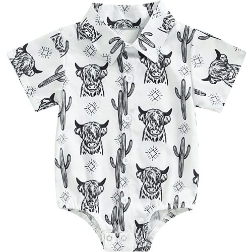 KtwHarnu Western Baby Boy Clothes Cow Print Short Sleeve Button Down Shirt Romper Bodysuit Western Cowboy Outfit - Black White