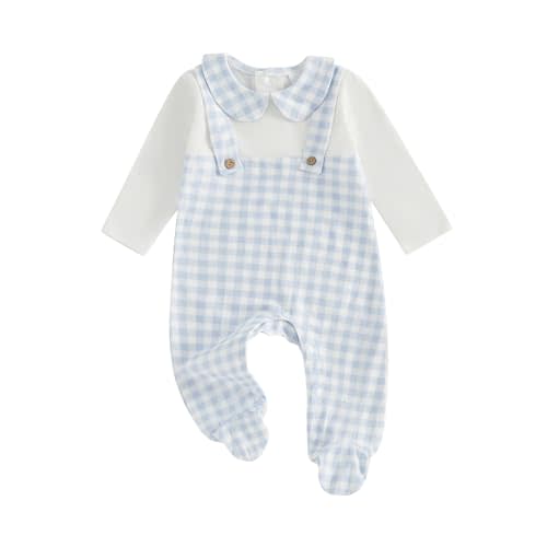 BULINGNA Newborn Baby Boy Girl Footed Romper Long Sleeve Fake Two-Piece Plaid Jumpsuit Unisex Baby Infant Footies