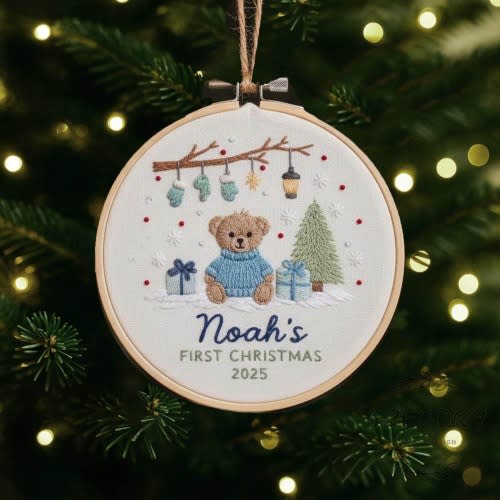 Personalized Embroidered Bear Baby's First Christmas Ornament, Custom Unique Gift for New Baby, Christmas 2025  Gift, Holiday Decor