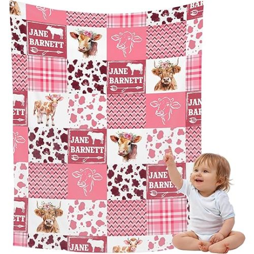 Pink Cow Baby Name Blanket,Personalized Cow Print Blanket for Girl Boy,Highland Cow Custom Baby Blanket with Name,Baby Cows Stuff Gift for Toddler Newborn,Nursery Stroller Crib Cows Decor Throw30 x40
