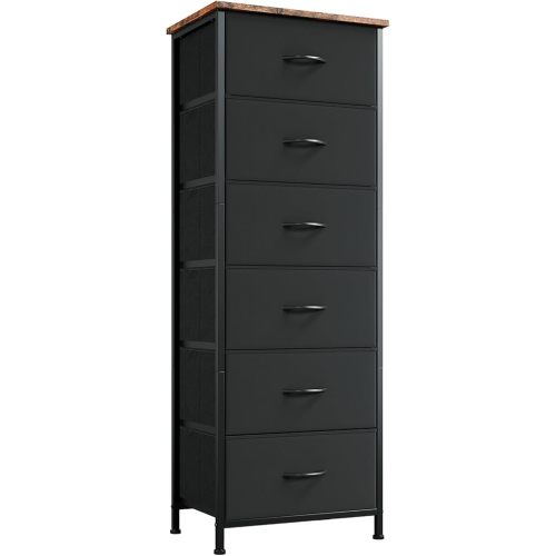Somdot Tall Dresser for Bedroom with 6 Drawers and Side Pockets, Storage Organizer Chest of Drawers with Fabric Bins for Closet Bedside Nursery Living Room Entryway Hallway, Black Rustic Brown