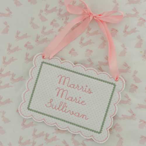 Personalized Baby Name Sign – 5x7 Embroidered Appliqué Wall Hanging with Ribbon – Pink Dot Fabric, Grandmillennial Nursery Announcemen Decor