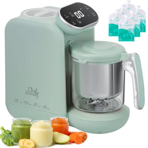 Chefhandy 5-in-1 Baby Food Maker with Stainless Steel Steam Basket, Green | One-step baby food processor with BPA-free food-contact parts, 6 reusable pouches, and recipe guide for homemade baby meals.