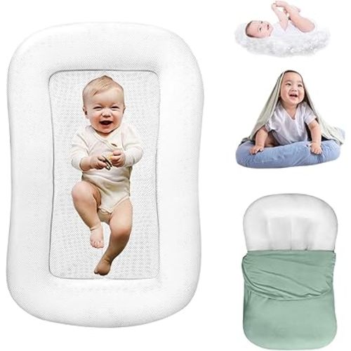 Jeeeun Baby Lounger for Newborn - Portable Infant Support Cushion 0-24 Months with Removable Cover, Soft Breathable Cotton for Home & Travel, Tummy Time & Play (Green)