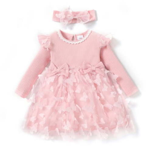 PatPat 2pcs Baby Girl Pink Mesh Dress Set,Ribbed Long Sleeve Splicing 3D Butterfly Appliques Princess Dress Pageant Party Birthday Wedding Flower Girl Dress,0-3T