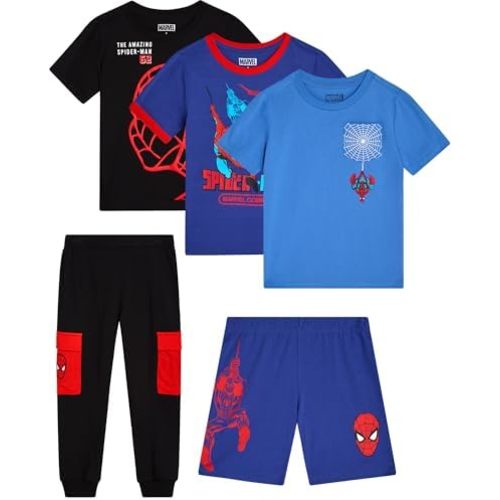 Marvel Spiderman Boys Pants Set - 5 Piece Short Sleeve Tees, Graphic Shorts, and Boys Joggers for Toddlers & Little Kids