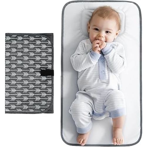 Lekebaby Portable Changing Pad Waterproof Baby Change Mat Foldable Travel Diaper Clutch with Built-In Pillow, Arrow Print, Grey