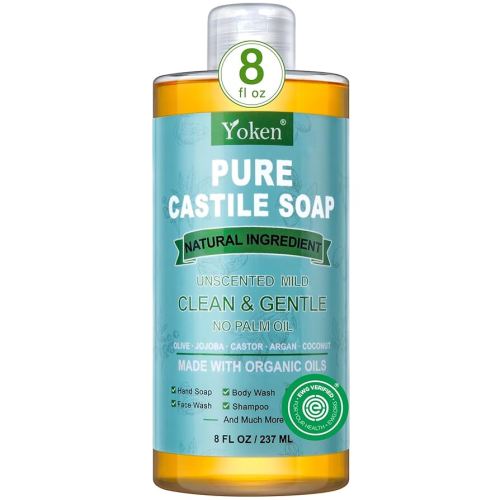 Yoken Pure Castile Liquid Soap Organic (EWG Verified, Unscented, 8 OZ), Made with Organic Oils, No Added Fragrance, Vegan, Castile Soap Liquid for Face, Laundry, Dishes, Sensitive Skin, Travel Soap