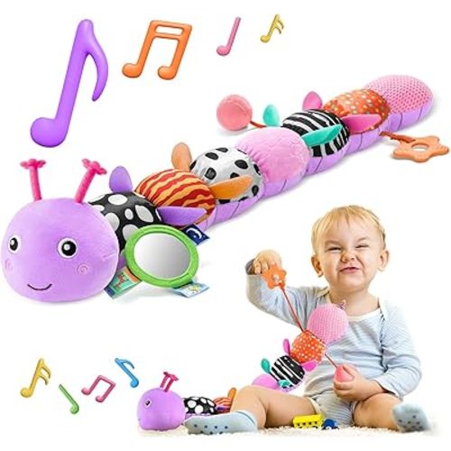 HEMRLY Baby Sensory Toy 0-6 Months, Musical Stuffed Caterpillar Plush with Teether, Crinkle, Rattle, Baby Mirror for Tummy Time, Infant Car Seat Toy for 0-3-6-12 Month Boys Girls Gifts - Leaf Purple