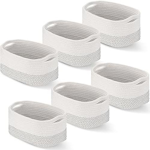 Sawysine 6 Pcs Storage Baskets Bulk for Organizing Cotton Rope Woven Basket with Handles for Gift Cloth Shelves Blanket Toys Living Room Bathroom(White Grey)