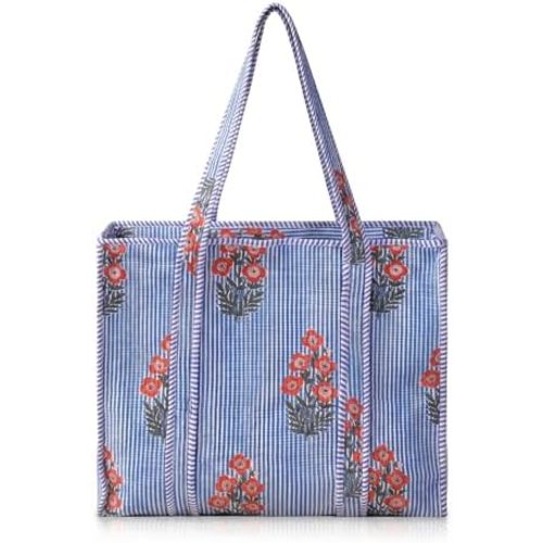 100% Cotton Quilted Tote Bag for Women Floral Hand Block Print Large Zipper Shoulder Bag Lightweight Travel Beach