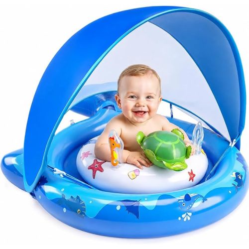 Inflatable Baby Pool Float with Sun Canopy, UPF50 Sun Protection, Portable & Easy to Store, Padded Safety Seat with, Includes Air Pump, with Toys Baby Swim Float for 6-36 Months Boys & Girls(Blue)