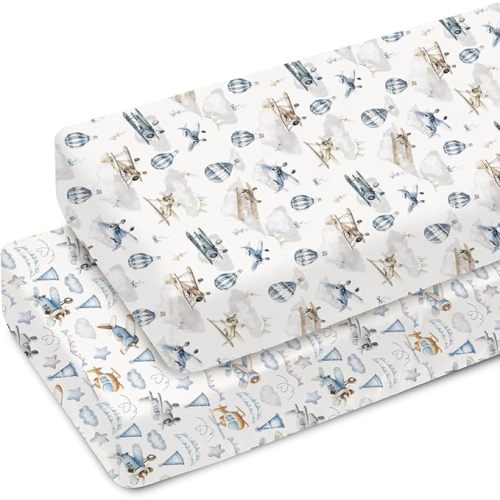 Vintage Planes Airplanes Helicopters Baby Crib Sheets for Boy Girl 52"x28" Hot Air Balloon Plane Clouds Sky Soft Snug Fitted Crib Mattress Cover Baby Sheet for Standard Crib & Toddler Mattress 2 Pack