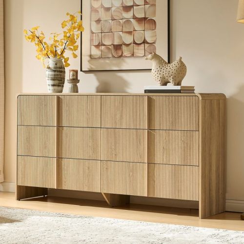 AMERLIFE Fluted Modern Chest Dresser with Pine Handles, Rounded Corners & Anti-Tip, 48" Tall Wood Storage Organizer for Living Room