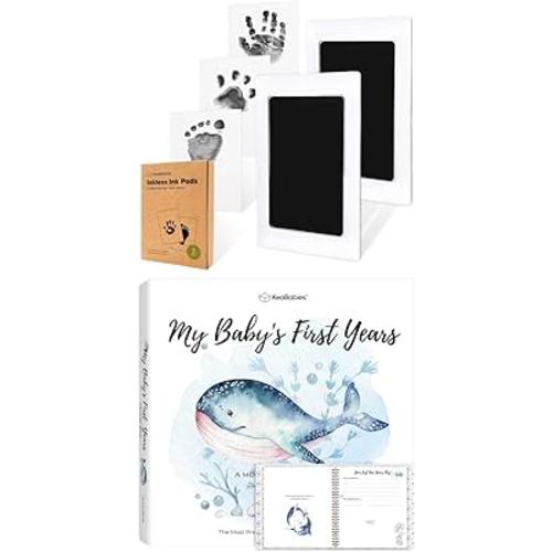 Keababies 1-Pack Inkless Hand and Footprint Kit and First 5 Years Baby Memory Book Journal - Ink Pad for Baby Hand and Footprints - 90 Pages Hardcover First Year Keepsake Milestone Baby Book