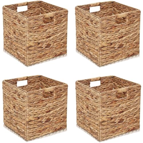 11x11in Storage Baskets 4 Pcs Water Hyacinth Basket,Handwoven Storage Cubes | Foldable Storage Cubes Square Baskets With Carry Handles,Set of 4 Pcs