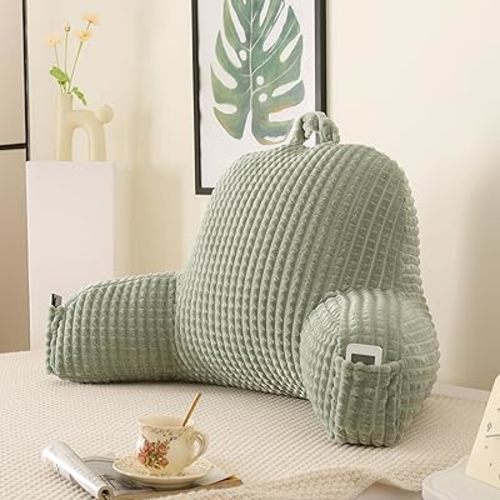 Reading Pillow for Bed,Large Backrest Reading Pillow with Arm Rest,Back Rest Support Cushion for Sit Up on Couch,Sofa,and Floor(Green Flannel,Standard(17inch))