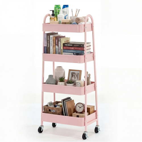EDX 4-Tier Rolling Cart, 132 lbs Metal Utility Cart Storage Organizer with Lockable Casters, Multi-Functional Mesh Rolling Storage Cart for Kitchen Office, Pink