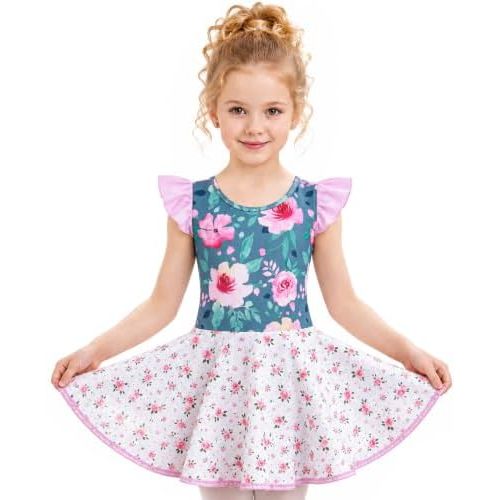 Funnycokid Girls Ballet Leotard Dance Dress Ruffer Sleeve Twirling Skirt