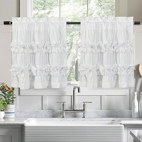 HIG 2 Pack White Ruffle Kitchen Curtains – Handcrafted Bow Tie Blackout Tier Curtains for Kitchen, Cabinet, Basement, Camper, Farmhouse Decorative Privacy Cafe Window Treatment, 30"x24"